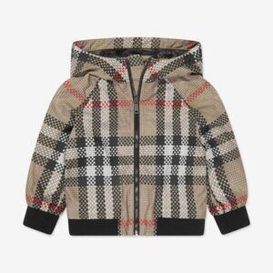 $650 BURBERRY Troy Kids Icon Check Zipped Hooded Nylon Jacket, Size 12M